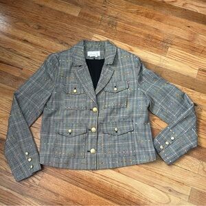 By Anthropologie Glen Plaid Tweed Blazer with Gold Buttons MISSING HOODIE Med